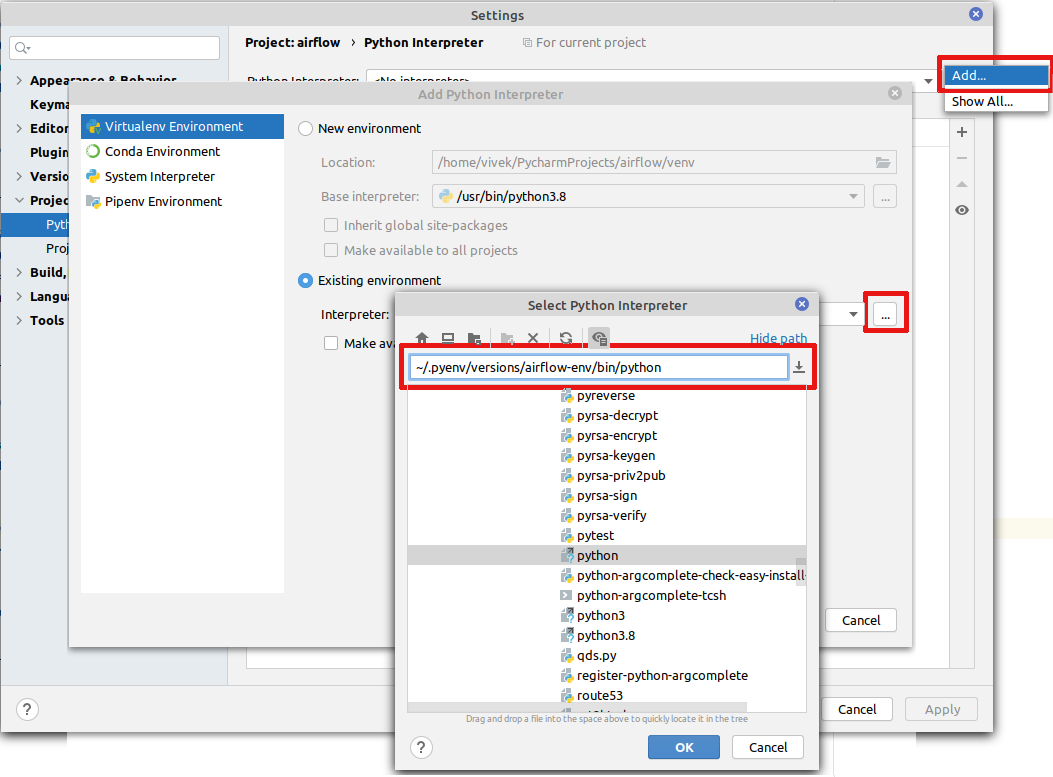 Adding existing interpreter